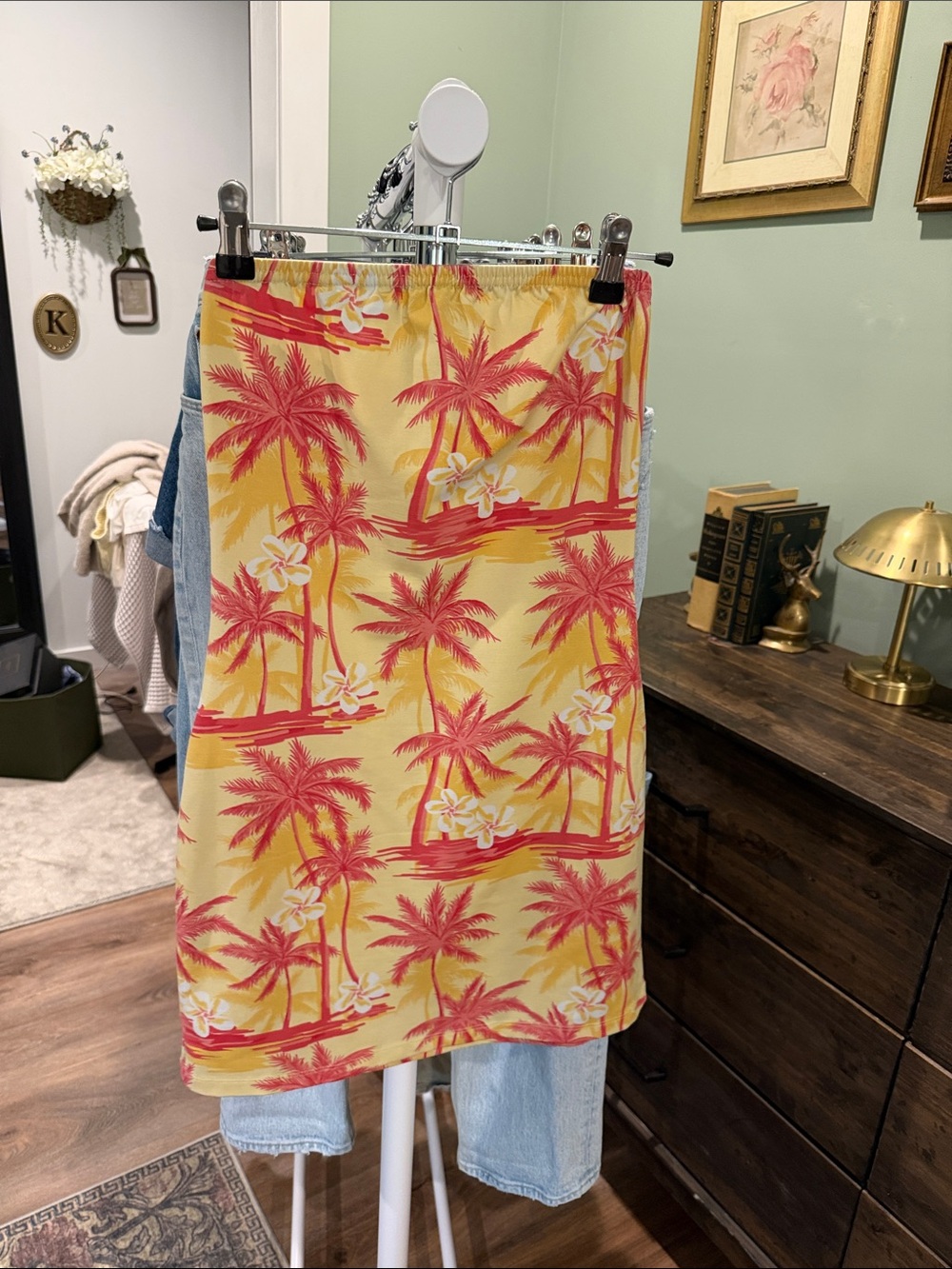 Tropical Palm Print Mini dress in Yellow & Coral